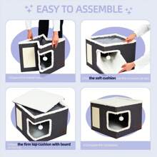 Casa Y Cama Plegable Para Gato Con Cojín Suave Y Rascador - Azul Marino - Ver 5