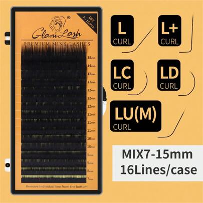 Glamlash 1 caja de 16 filas de extensiones de pestañas negras de material L/L+/LC/LD/LU(M)/N de 7-15mm en bandeja mixta, pestañas postizas individuales naturales y suaves, racimos de pestañas, pestañas individuales, pestañas, pestañas postizas