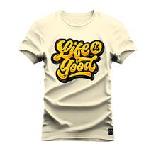 Camiseta T-Shirt Algodão Premium Estampada Life Good - Bege - Visão 1