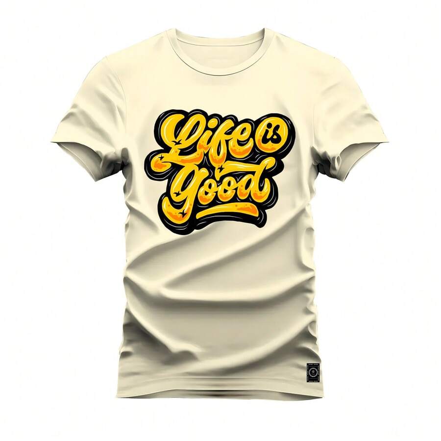 Camiseta T-Shirt Algodão Premium Estampada Life Good - Bege - Visão 1