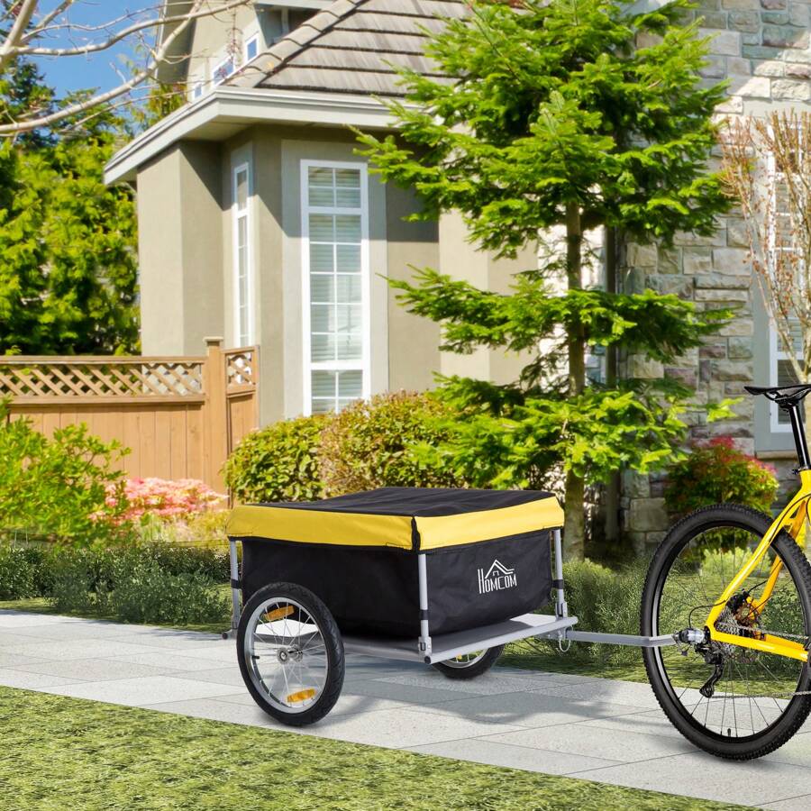 HOMCOM Bicycle Cargo Trailer, Two-Wheel Bicycle Large Cargo Wagon Trailer Oxford Fabric, Folding Storage, & Removable Cover, Yellow - 黑色 - 查看 1