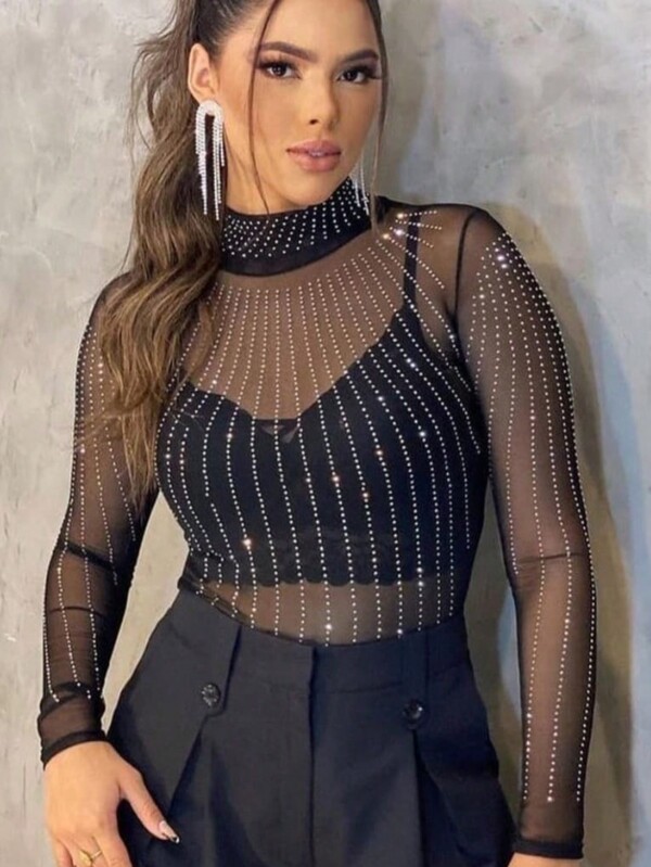 BODY MANGA LONGA RETRO, DIVO EM TULE COM APLICAÇÃO DE STRASS ASPE82