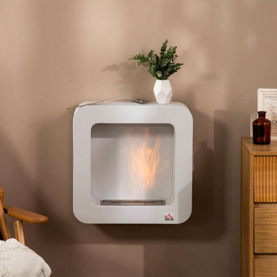 HOMCOM Camino Bioetanolo a Parete in Metallo da 2.5h di Combustione con Serbatoio da 1L e Copertura 20m², 48x18x48cm, Bianco - Bianco - Visualizzare 1