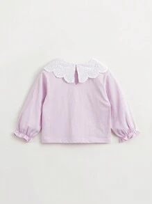 MARC&JANIE 少女可愛可愛的空心蕾絲修邊領子長袖t恤,適用於春季 - 粉色 - 查看 5