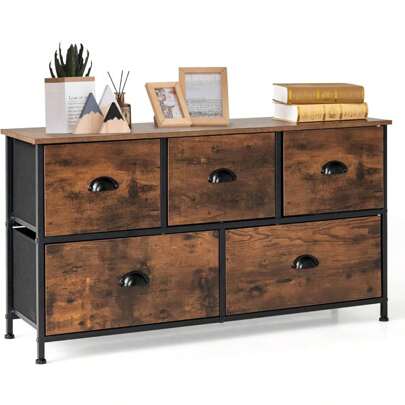 5 Drawer Chest Sideboard With Folding Adjustable Foot Pads Steel Frame & Wooden Top Drawer Cabinet For Bedroom Entryway Rustic Brown