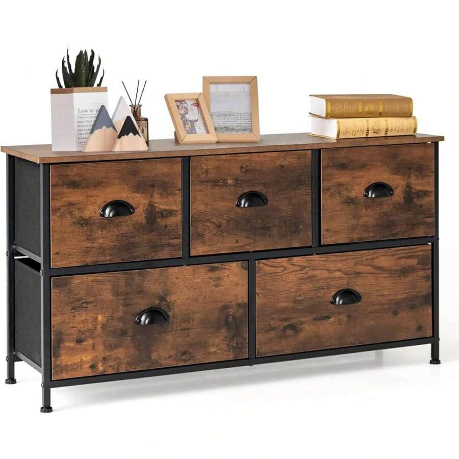 Bröstskänk med 5 lådor med fällbara justerbara fotkuddar Stålram och övre lådskåp i trä för entré i sovrummet Rustik Brun - Brun - Visa 1