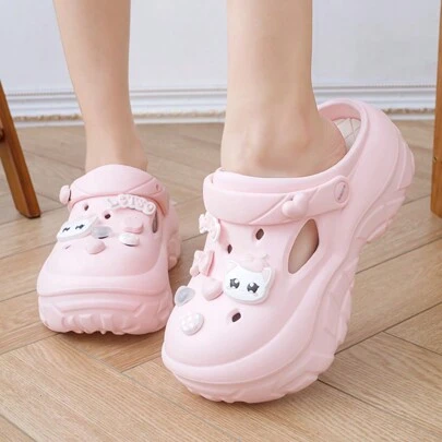Women's Cute Cat Design Hollow Out Platform Sandals, Thick Sole Non-Slip Cartoon Beach Mules Slip On Clogs For Summer, & Fashionable