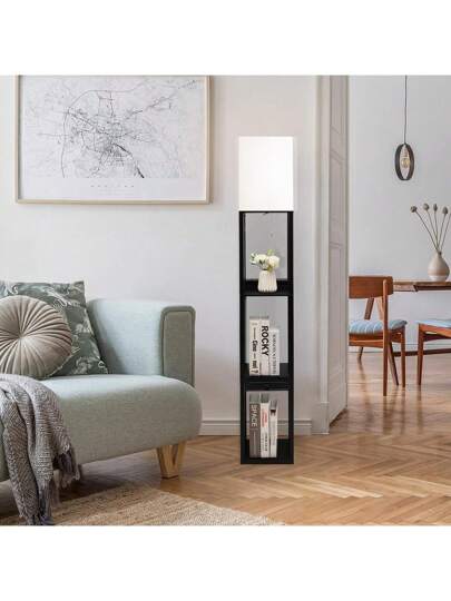 Vloer Lamp Shelves Drawer, Freest ing Shelf Socket USB Port, Adjustable Brightness Pull Chain Living Room, Office