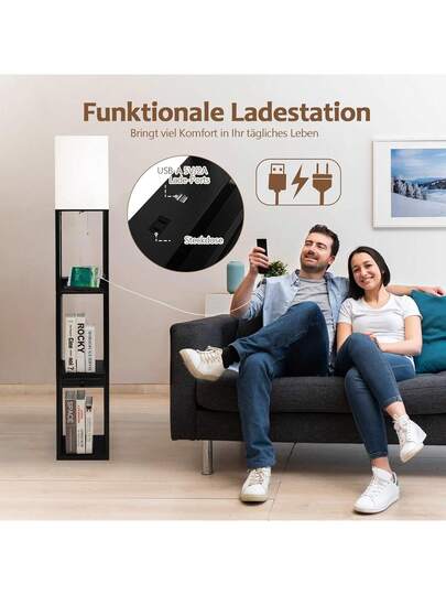 Vloer Lamp Shelves Drawer, Freest ing Shelf Socket USB Port, Adjustable Brightness Pull Chain Living Room, Office view 4