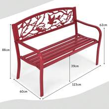 Banco de jardín moderno, robusto banco de parque de tubos de acero y hierro fundido, banco con respaldo y reposabrazos, banco de metal estampado para jardines, parques, césped, soporta hasta 280 kg, rojo