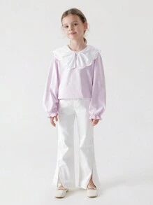 MARC&JANIE 少女可愛可愛的空心蕾絲修邊領子長袖t恤,適用於春季 - 粉色 - 查看 2