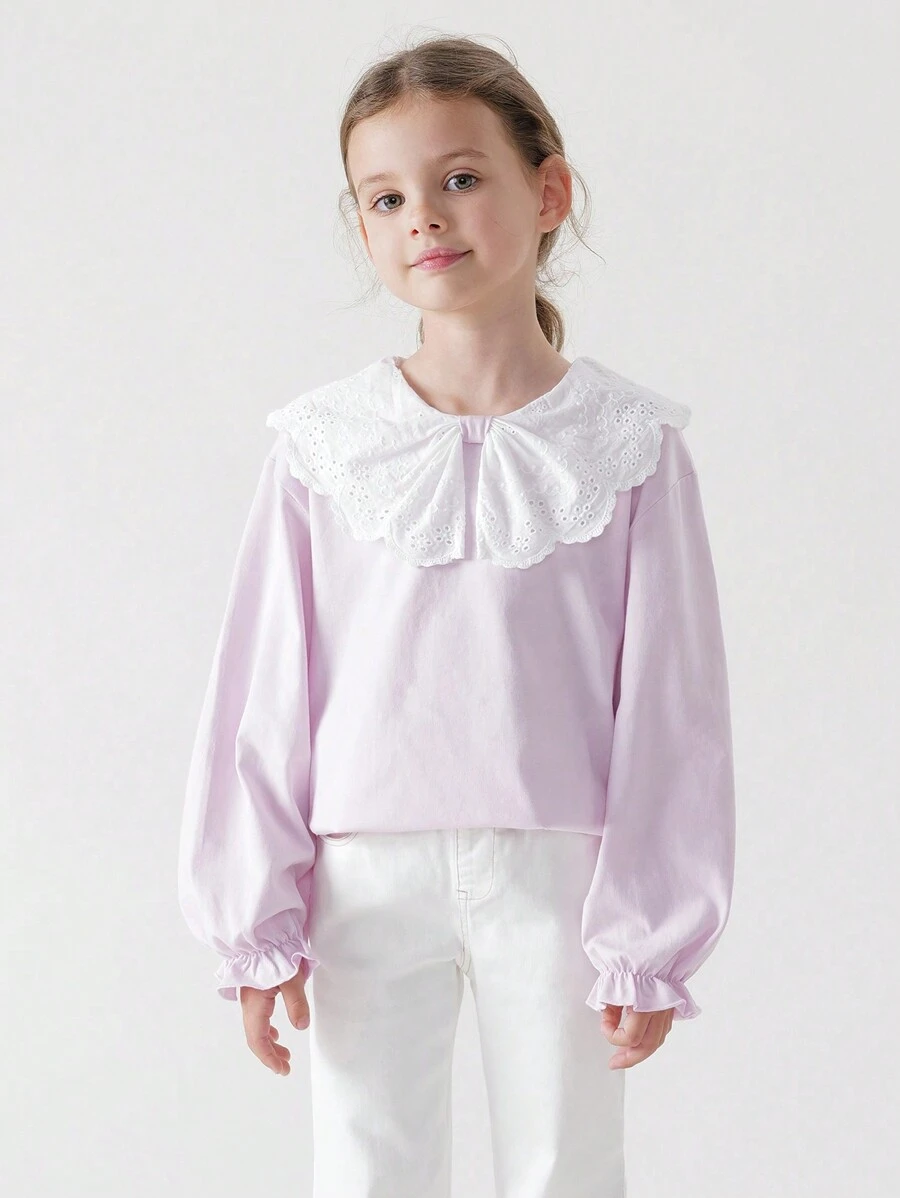 MARC&JANIE 少女可愛可愛的空心蕾絲修邊領子長袖t恤,適用於春季 - 粉色 - 查看 1