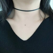 1pc Simple And Versatile Black Pu Choker Necklace With Non-Fading Metal Chain, Perfect For Daily Wear - Black - View 7
