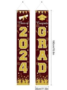 1對「2024 GRAD」學士帽圖案裝飾旗幟，適用於畢業派對，門廊，門戶，餐廳，花園，壁爐（尺寸：70.8*11.8英寸 / 180*30公分） - 彩色 - 查看 2