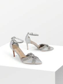 Women's Rhinestone Pointed Close Toe Pumps Strappy Sparkly  High Heels  Ankle Strap Stiletto Wedding Party Dress Shoes - 銀色 - 查看 4