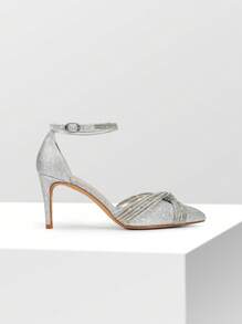 Women's Rhinestone Pointed Close Toe Pumps Strappy Sparkly  High Heels  Ankle Strap Stiletto Wedding Party Dress Shoes - 銀色 - 查看 6
