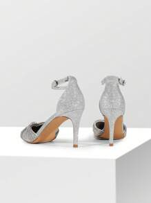 Women's Rhinestone Pointed Close Toe Pumps Strappy Sparkly  High Heels  Ankle Strap Stiletto Wedding Party Dress Shoes - 銀色 - 查看 5