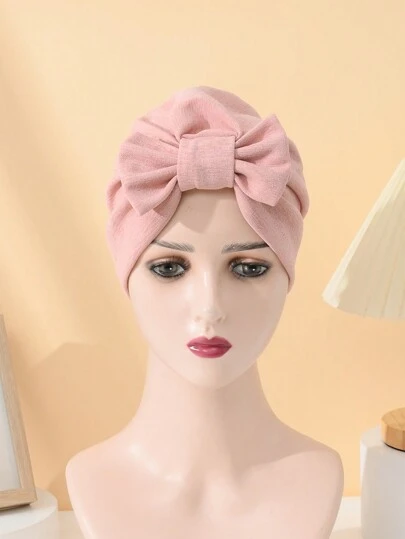 新款純色女性蝴蝶結帽，時尚彈性頭巾帽，情人節禮物，波西米亞風格編織頭巾帽，素面褶邊頭巾，化療帽帽子頭巾