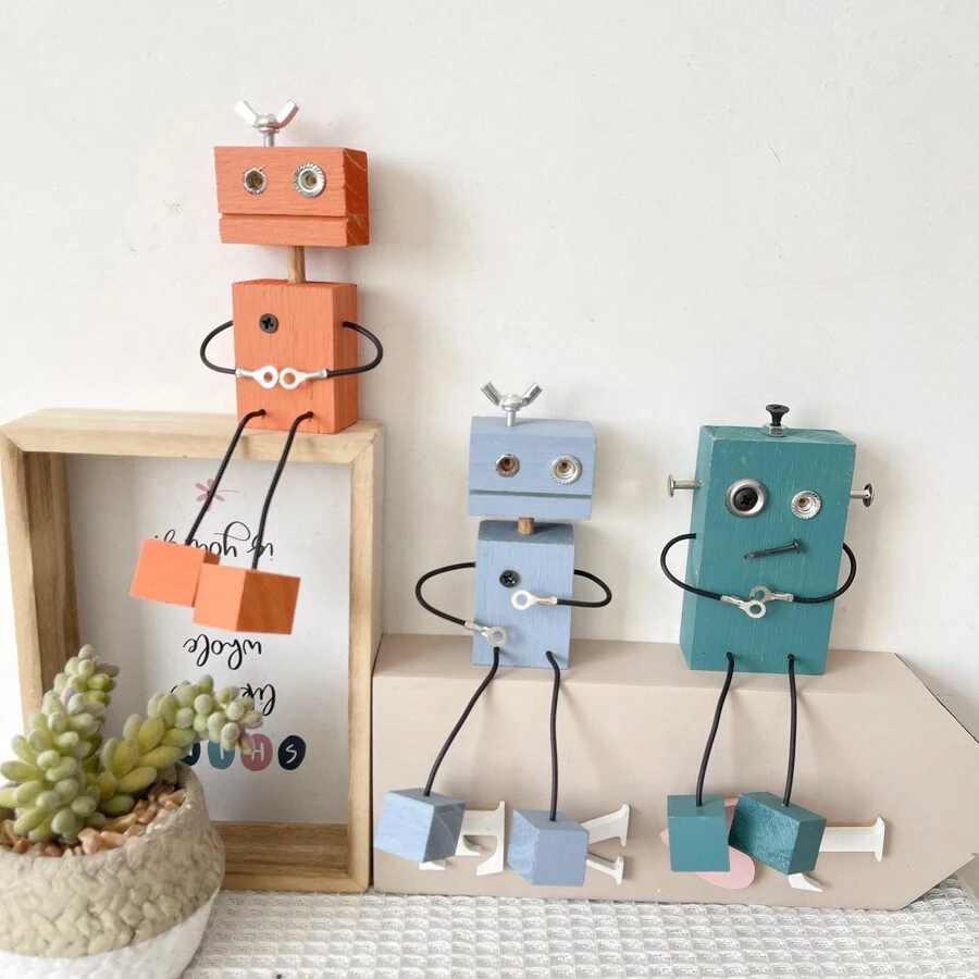 1pc Creative Diy Wooden Robot Decoration For Home, Store And Street Scene - Navy Blue - View 1