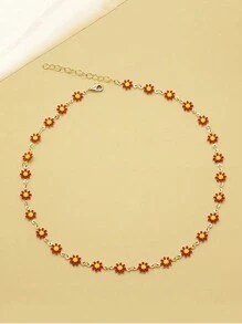 1pc Retro Small Chrysanthemum Daisy Flowers Decor Choker Necklace, Adjustable Copper Chain Jewelry, Exquisite Holiday Birthday Gift For Teen Girls