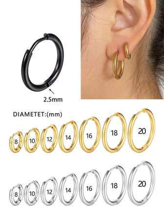 1入組2.5mm規格男女皆可使用不銹鋼耳環夾/耳環/耳釘,簡約設計,適用於helix穿孔,尺寸8-20mm（多種選擇）