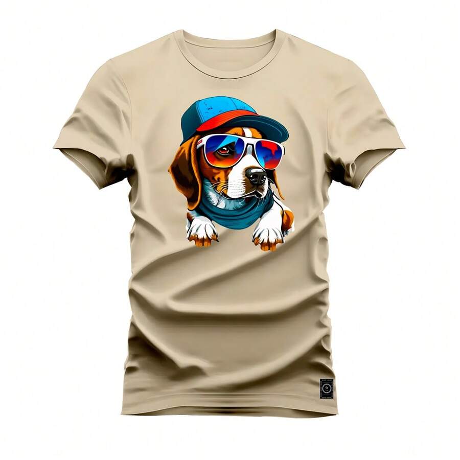 Premium Cotton T-Shirt With Dog Beach Print - Màu Khaki - Xem 1