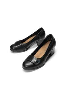 Women's Round Toe Adjustable Slip On Chunky Low Block Heels Pumps Closed Toe Elegant Solid Color Work Comfortable Dress Shoes - 黑色 - 查看 6