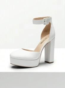 Women's High Chunky Heels Pumps Elegant Solid Color Platform Ankle Strap Dress Round Closed Toe Wedding Party  Fashionable Comfortable Shoes - trắng - Xem 2