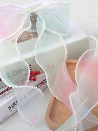1pc Ombre Rainbow Pearl Fish Tail Tulle Ribbon Bow Headwear, Hair Accessory, Gift Wrap, Toy Packaging Material With Streamers (2 Sizes)