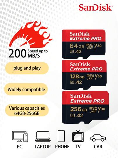  1 pieza Tarjeta SanDisk Extreme Pro Flash de 128GB Tarjeta Micro SD SDXC UHS-I 512GB 256GB 64GB 32GB U3 V30 TF Card Memory