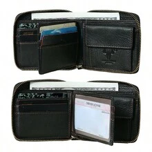 Genuine Leather Men's Zipper Wallets RFID Blocking Bifold Wallet For Men With Zipper ID Window Coin Pocket Credit Card Wallet - Leather Zip Wallet Slim Valentine's Gift For Him - Black - View 3
