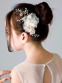 1pc Wedding Season Flower Girl Pearl & Rhinestone Decor Hair Clip For Bridal Hair Bun, Suitable For Wedding, Party Or Performance, Matching With Evening Dresses