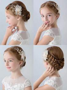 1pc Wedding Season Flower Girl Pearl & Rhinestone Decor Hair Clip For Bridal Hair Bun, Suitable For Wedding, Party Or Performance, Matching With Evening Dresses
