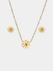 Stainless Steel Waterproof Anti-Fade Golden Lovely Daisy-Shaped Necklace & Earrings Set, Suitable For Women's Daily Wear - Gold - View 1