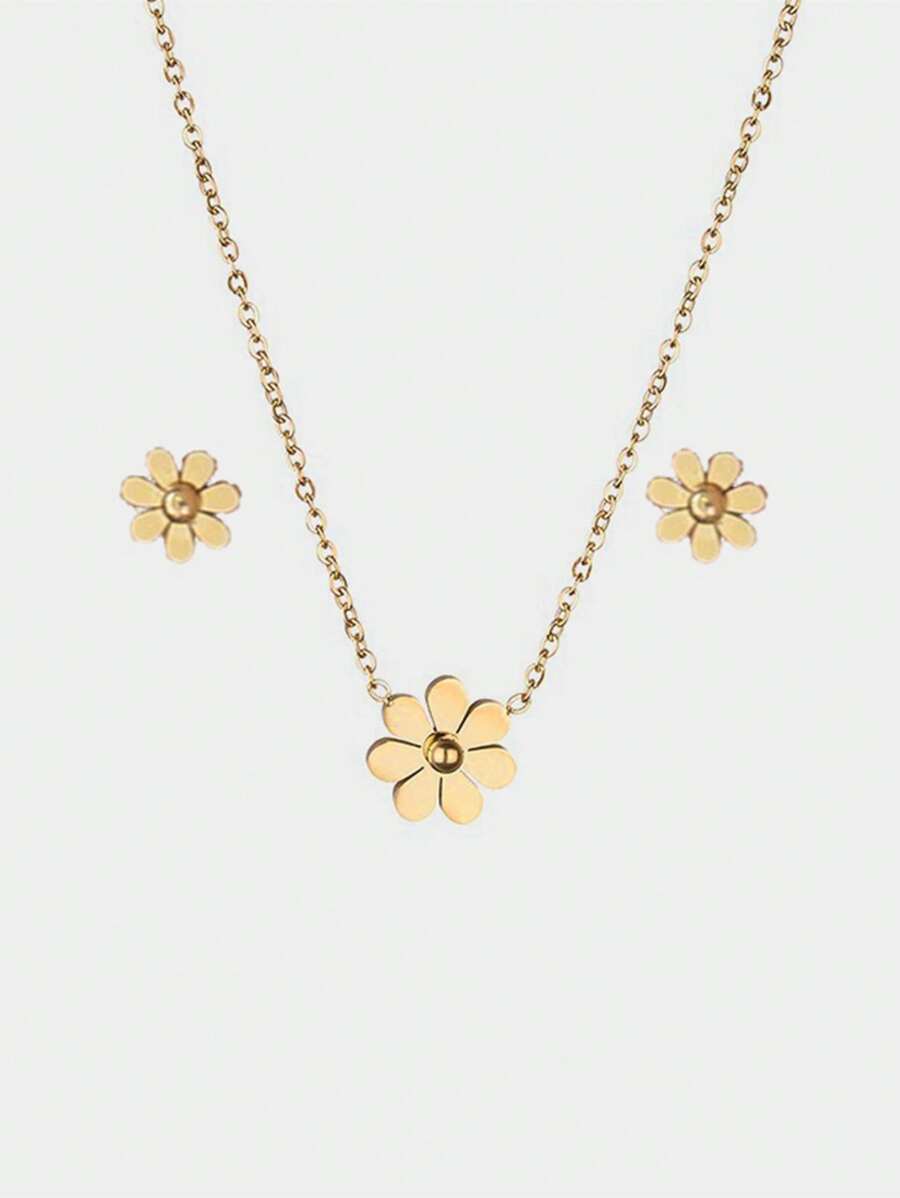 Stainless Steel Waterproof Anti-Fade Golden Lovely Daisy-Shaped Necklace & Earrings Set, Suitable For Women's Daily Wear - Gold - View 1