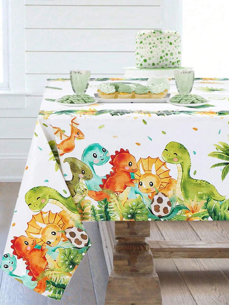 Set de 3 manteles desechables de plástico de 130*220cm con estampado de animales de la jungla y dinosaurios, adecuados para fiestas de cumpleaños con temática de dinosaurios, eventos familiares, decoración de salas de fiesta y decoración de mesas de comedor - Verde - Ver 1