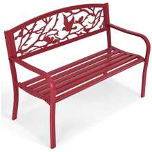 Banco de jardín moderno, robusto banco de parque de tubos de acero y hierro fundido, banco con respaldo y reposabrazos, banco de metal estampado para jardines, parques, césped, soporta hasta 280 kg, rojo