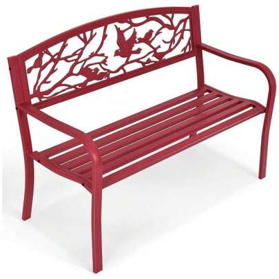 Modern Garden Bench, Robust Park Bench Made Of Tubular Steel And Cast Iron, Bench With Backrest And Armrests, Patterned Metal Bench For Gardens, Parks, Lawns, Can Hold Up To 280kg, Red