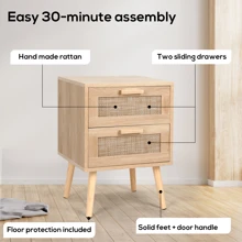 VOWNER Rattan Nightstand, End Table With 2 Drawers And Solid Wood Legs, Side Table With Storage For Bedroom, Easy Assembly Night Stand For Kids Room