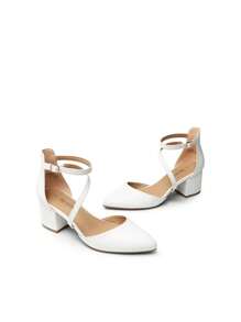 Women's Closed Pointed Toe Low Chunky Heels Pumps Ankle Strap Wedding Business Dressy Shoes - Trắng-PU - Xem 5