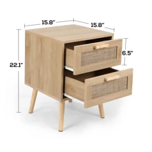 VOWNER Rattan Nightstand, End Table With 2 Drawers And Solid Wood Legs, Side Table With Storage For Bedroom, Easy Assembly Night Stand For Kids Room