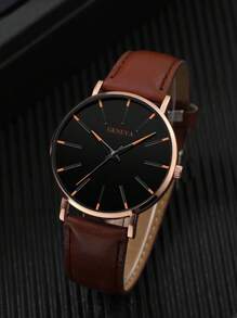 1pc Business Fashion Leather Disc Quartz Watch, A Gift For Friends, Suitable For Daily Wear