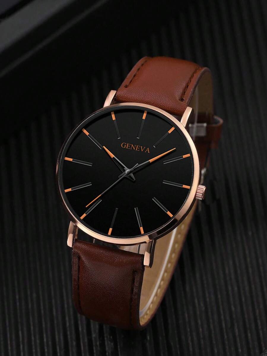 1pc Business Fashion Leather Disc Quartz Watch, A Gift For Friends, Suitable For Daily Wear