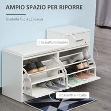 Scarpiera Moderna con Panca Imbottita per 12 Paia di Scarpe, Mobile da Ingresso in Legno 94,5x57x30 cm Bianco - Bianco - Visualizzare 8