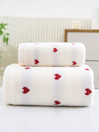 1pc/2pcs (Towel + Bath Towel) Thick Terry Towel Set With Jacquard Heart Design, Quick Dry, Soft Absorbent For Face/Body Washing, Bathroom, Gym, SPA, Swimming Home Bathroom Decor Fall Decor Back To School For Beauty Salon Home Bathroom Shower Towels For Beauty Salon, Hotel Sports,Home Essentials, Towel, Skin Care Bath Towel Sheet