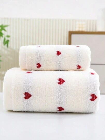 1pc/2pcs (Towel + Bath Towel) Thick Terry Towel Set With Jacquard Heart Design, Quick Dry, Soft Absorbent For Face/Body Washing, Bathroom, Gym, SPA, Swimming Home Bathroom Decor Fall Decor Back To School For Beauty Salon Home Bathroom Shower Towels For Beauty Salon, Hotel Sports,Home Essentials, Towel, Skin Care Bath Towel Sheet