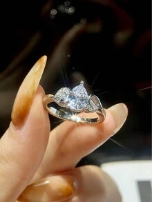 ESBERRY 1pc Sparkle Pear-Shape Engagement Ring Wedding Band For Women S925 Sterling Silver Fashion Drop Diamond Ring Eternity Ring Valentine'S Day Luxury Jewelry Gifts - Silver - View 2