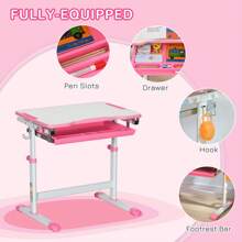 HOMCOM Kids Desk And Chair Set, Height Adjustable Student Writing Desk, Children School Study Table With Tiltable Desktop, Drawer, Pen Slot, Hook - Pink - View 5