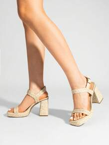 Women High Heel Sandals, Ankle Strap Open Toe Chunky Heel Platform Summer Sandals, For Wedding, Party, Dating, Prom - 裸色編織 - 查看 4