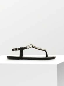 Flat Sandals For Women Dressy Rhinestone T-Strap Thong Flat Sandals For Summers Dress Beach Valentines - 黑色 - 查看 3